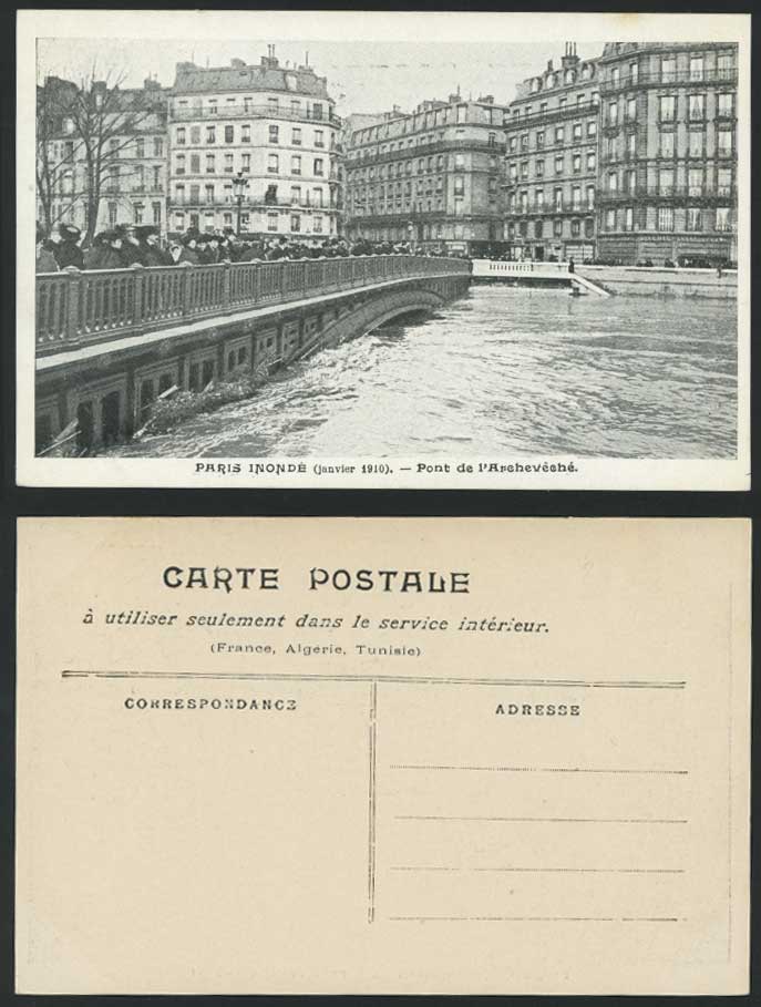 PARIS FLOOD 1910 Old Postcard Pont de l'Archeveche, Bridge & Flooded River Scene
