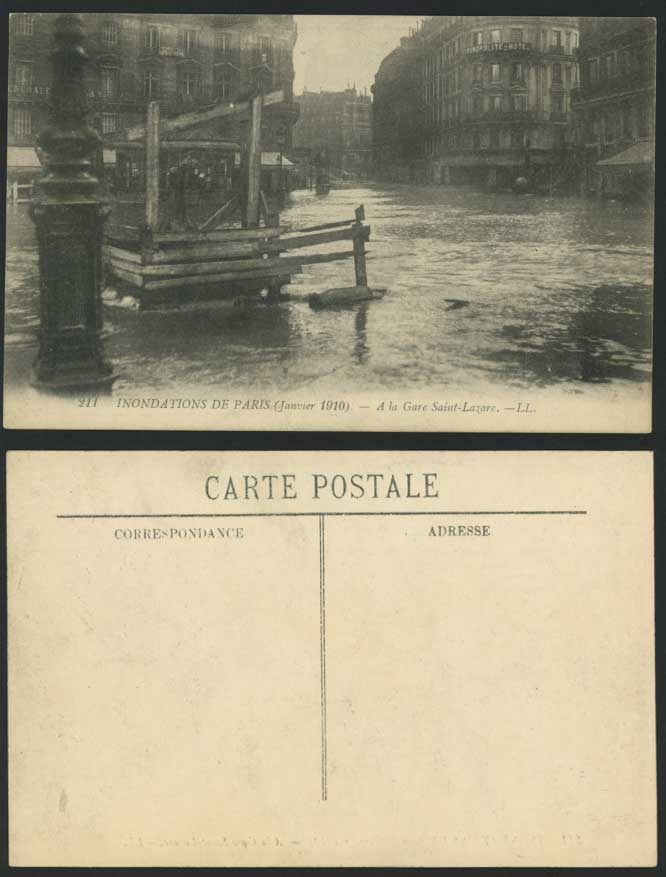 PARIS FLOOD 1910 Old Postcard La Gare Saint-Lazare Train Railway Station L.L.211
