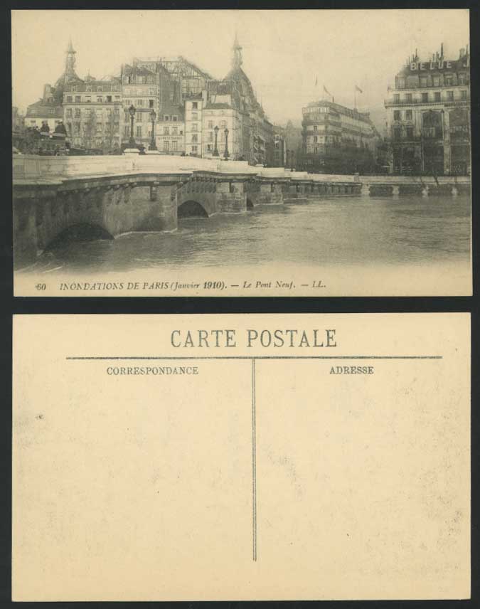 PARIS FLOOD 1910 Old Postcard Le Pont Neuf Nenf Bridge, River Restaurant L.L. 60