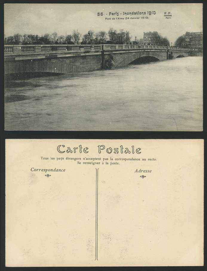 PARIS FLOOD 24 Jan. 1910 Old Postcard PONT de l'ALMA Alma Bridge & Flooded River