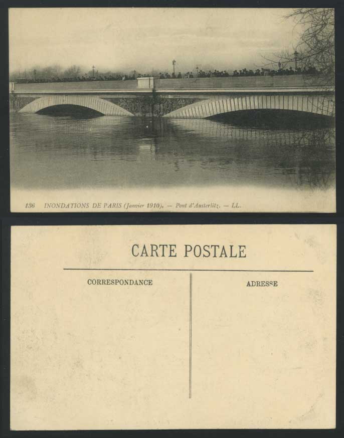 PARIS FLOOD 1910 Old Postcard Pont d'Austerlitz Bridge Austerlitz River L.L. 136