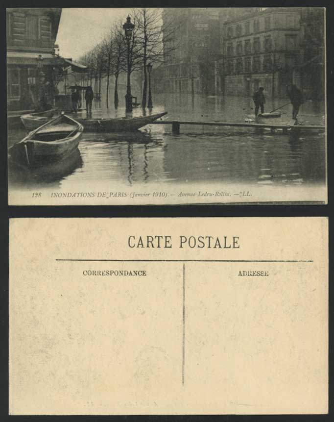 PARIS FLOOD 1910 Old Postcard Avenue Ledru-Rollin Flooded Street, Boats L.L. 128