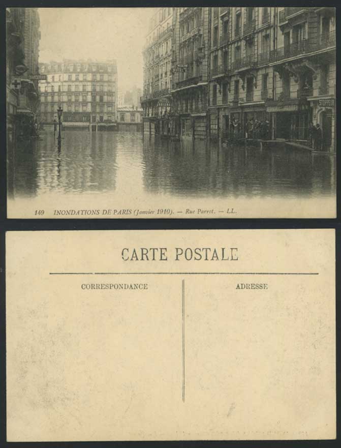 PARIS FLOOD 1910 Old Postcard Rue Parrot Street, Hotels Ariana & Modean L.L. 149