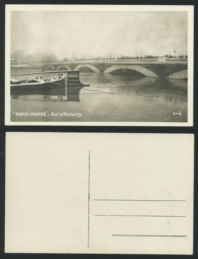 PARIS FLOOD 1910 Old Postcard Pont d'Austerlitz, Austerlitz Bridge, Snow & Boats