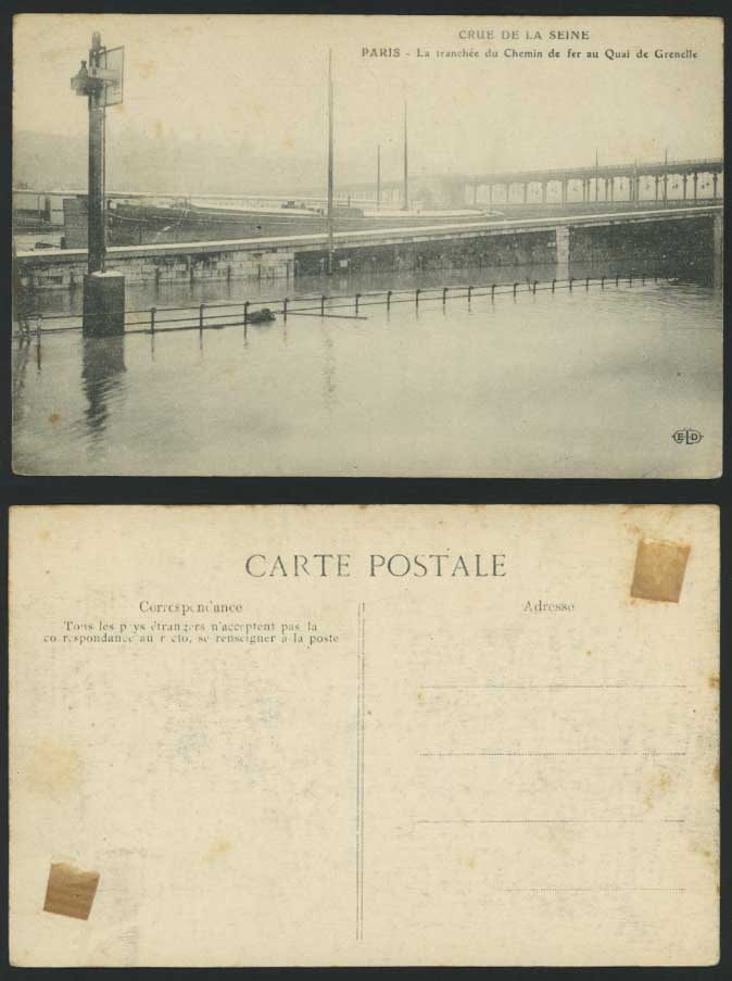 PARIS FLOOD 1910 Old Postcard Quai de Grenelle Tranchee du Chemin de Fer Railway