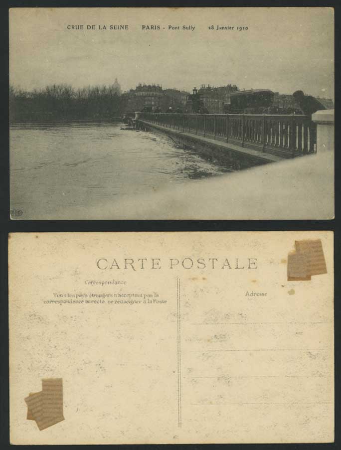 PARIS FLOOD 28 January 1910 Old Postcard PONT SULLY BRIDGE, Flooded River, Wagon