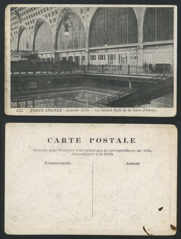 PARIS FLOOD Jan. 1910 Old Postcard Grand Hall de La Gare d'Orsay Railway Station