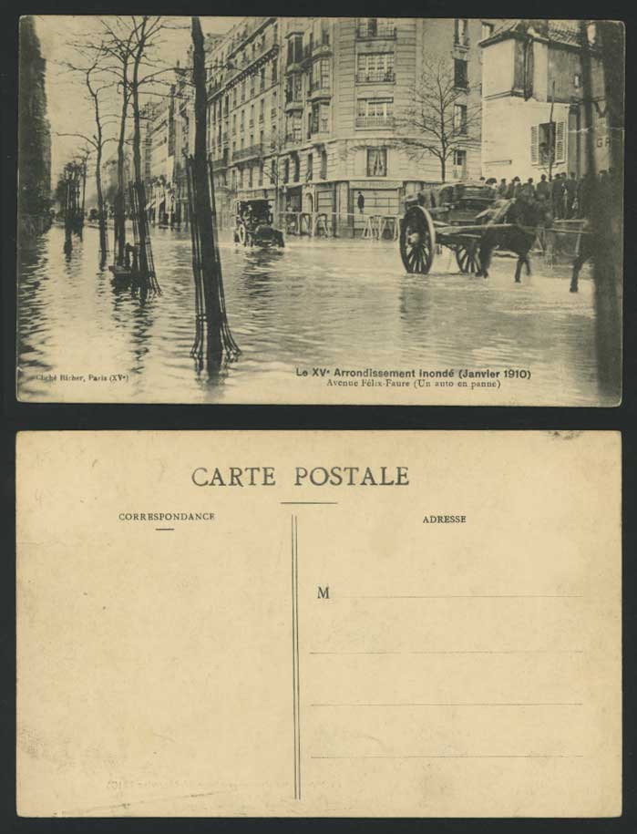 PARIS FLOOD 1910 Old Postcard Avenue Felix-Faure, Vintage Motor Car & Horse Cart