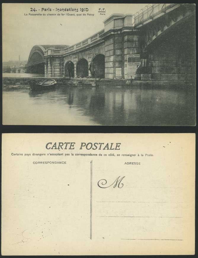 PARIS FLOOD 1910 Old Postcard Quai de Passy West Railway Bridge, Passy Quay Boat
