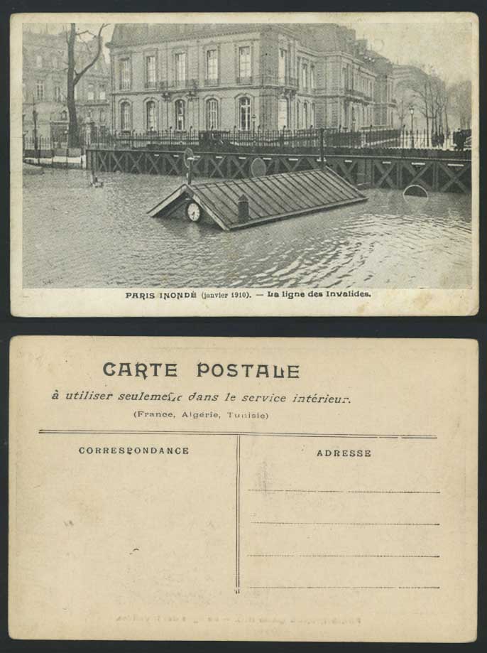 PARIS FLOOD Janvier 1910 Old Postcard La Ligne des Invalides Line, Clock, Inonde