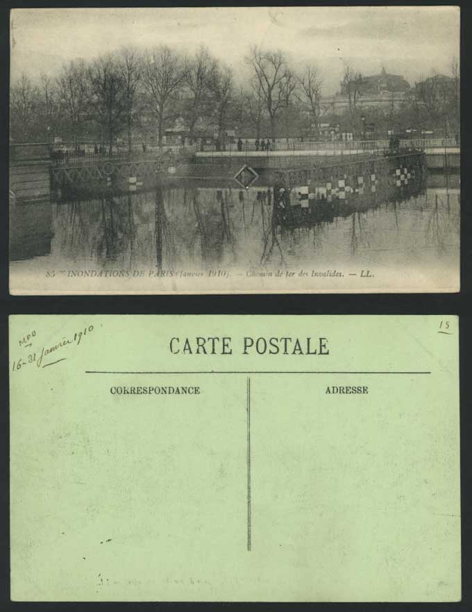 PARIS FLOOD Disaster 1910 Old Postcard Railway Chemin de fer des Invalides LL 85