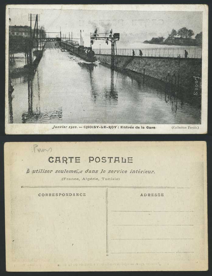 PARIS FLOOD 1910 Postcard Choisy-Le-Roy La Gare Locomotive Train Railway Station