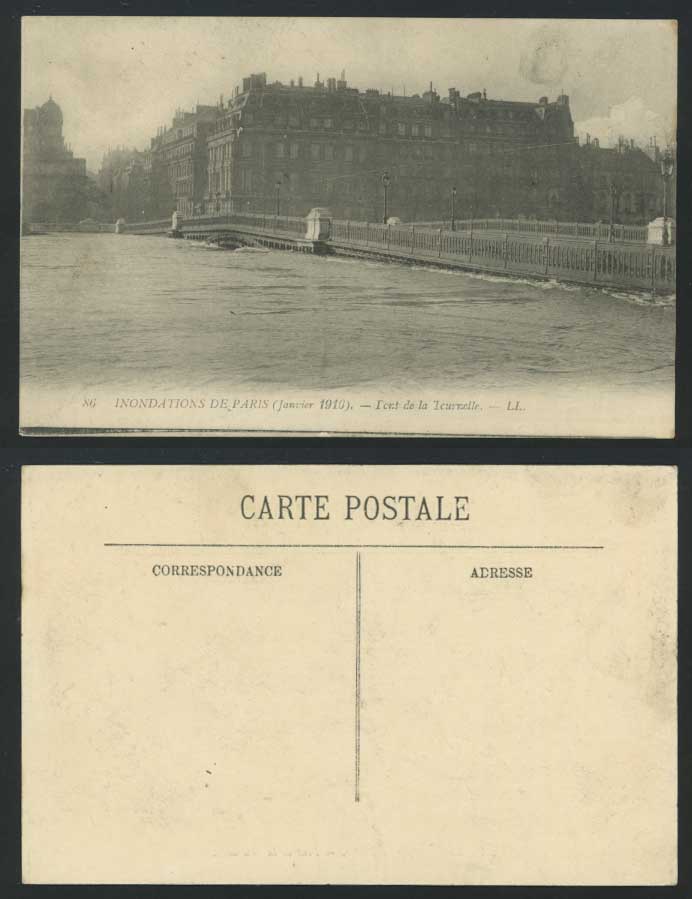 PARIS FLOOD Disaster 1910 Old Postcard Pont de la Tournelle BRIDGE River L.L. 86