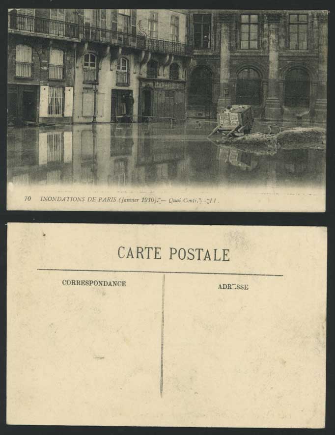 PARIS FLOOD Disaster 1910 Old Postcard Quai Conti. Quay Havard F Shop Cart LL 70