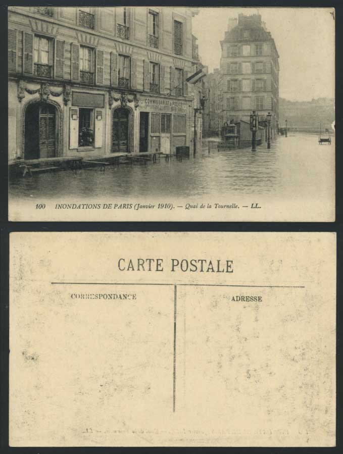 PARIS FLOOD 1910 Old Postcard Quai de La Tournelles Quay Police Station L.L. 100