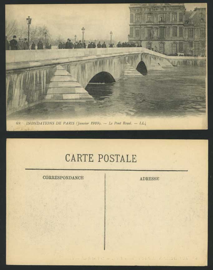 PARIS FLOOD Inondations 1910 Old Postcard PONT ROYAL Bridge Flooded River L.L.69