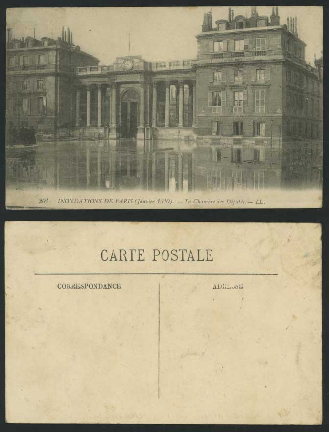 PARIS FLOOD Inondations 1910 Old Postcard La Chambre des Deputes, Clock L.L. 201