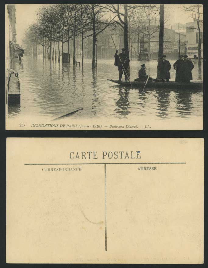 PARIS FLOOD Jan 1910 Old Postcard Boulevard Diderot Boat Flooded Street L.L. 257