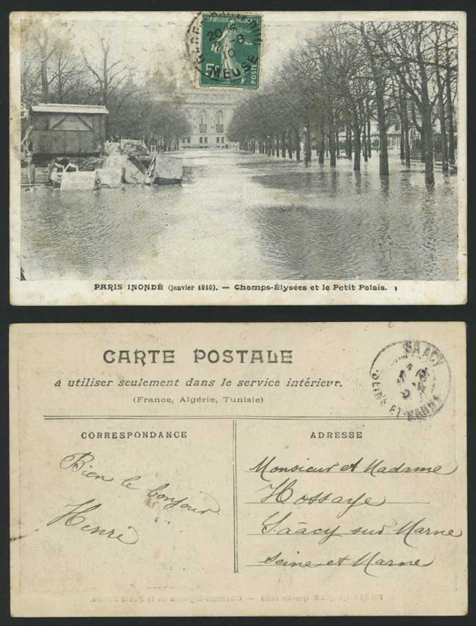 PARIS FLOOD 1910 Old Postcard Champs-Elysees, Petit Palais, Flooded Street Scene