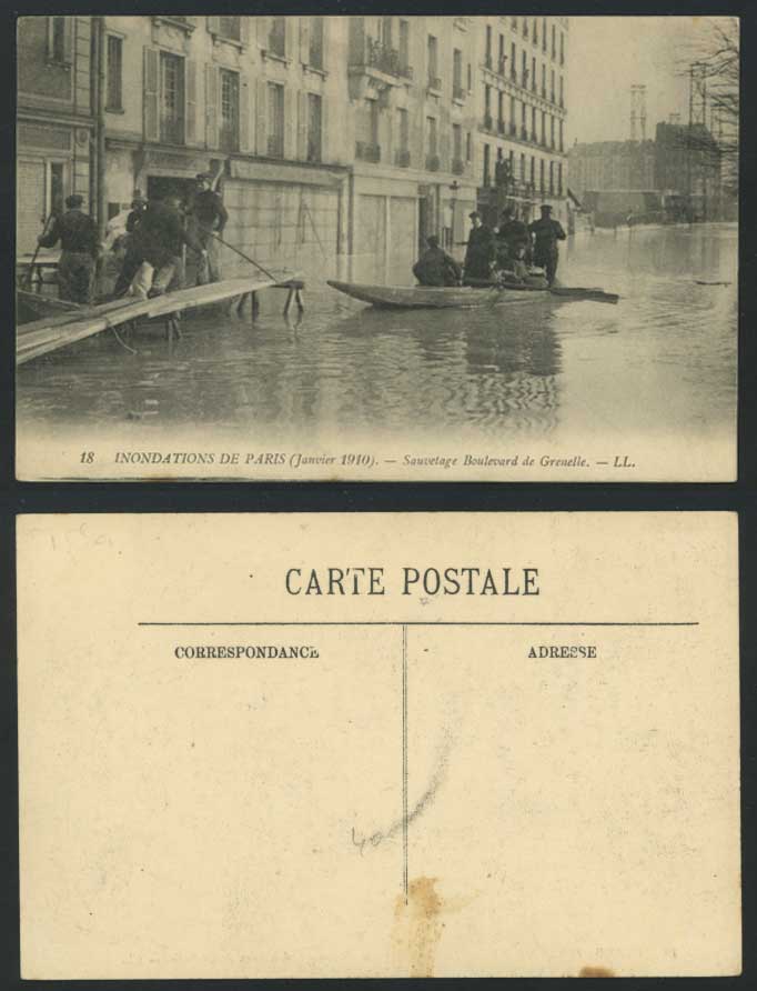 PARIS FLOOD 1910 Old Postcard Sauvetage Boulevard de Grenelle Boat Bridge L L 18
