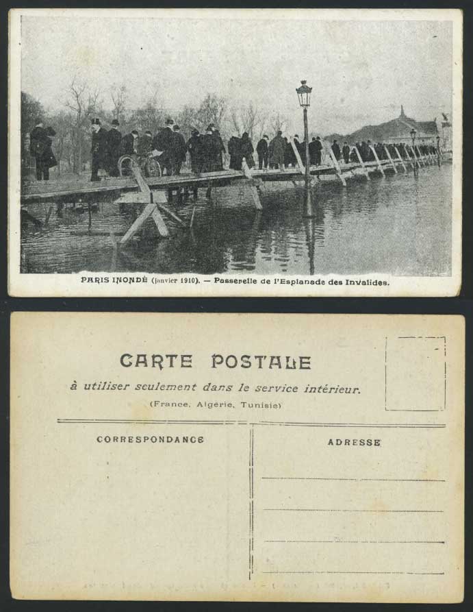 PARIS FLOOD 1910 Old Postcard Passerelle Esplanade des Invalides Bridge, BICYCLE