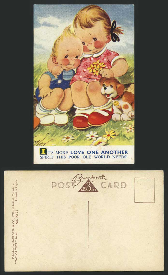 TAYLOR Artist Old Postcard More LOVE ONE ANOTHER, Spirit, Dog Puppy Comic Humour