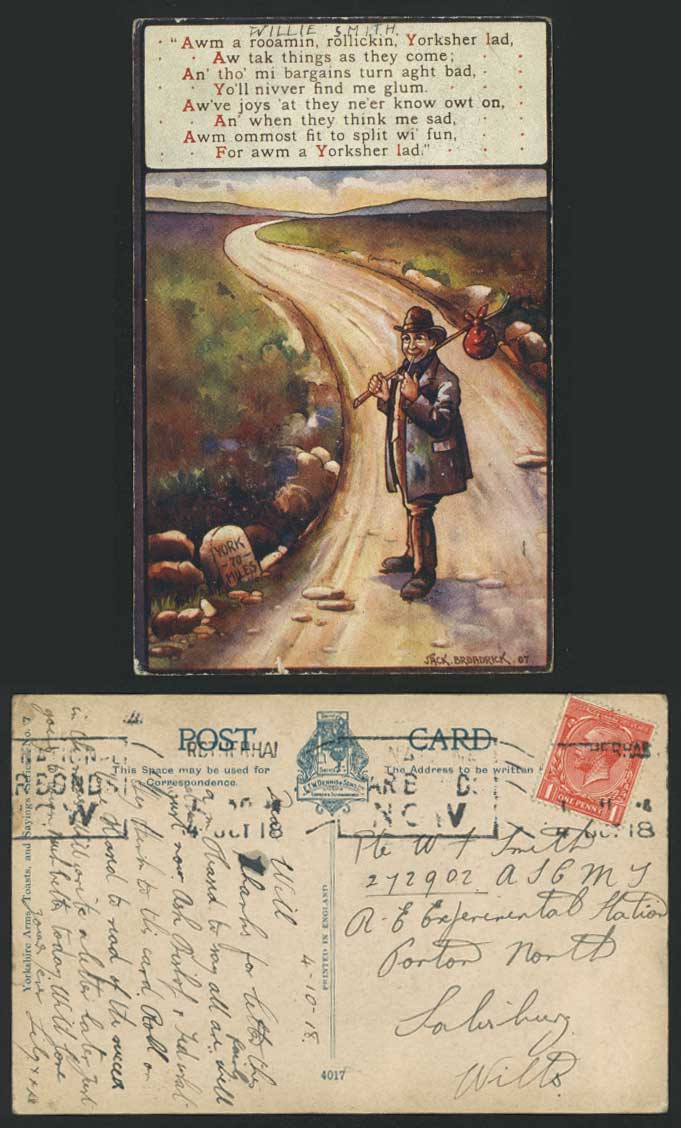Jack Broadrick, York 70 Miles, Yorksher lad Smoking Pipe Comic 1918 Old Postcard