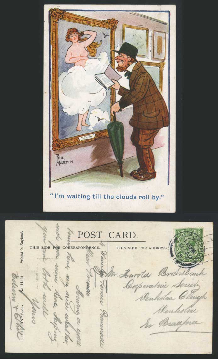 PHIL MARTIN 1915 Old Postcard I'm Waiting Till Clouds Roll By - Gallery Painting