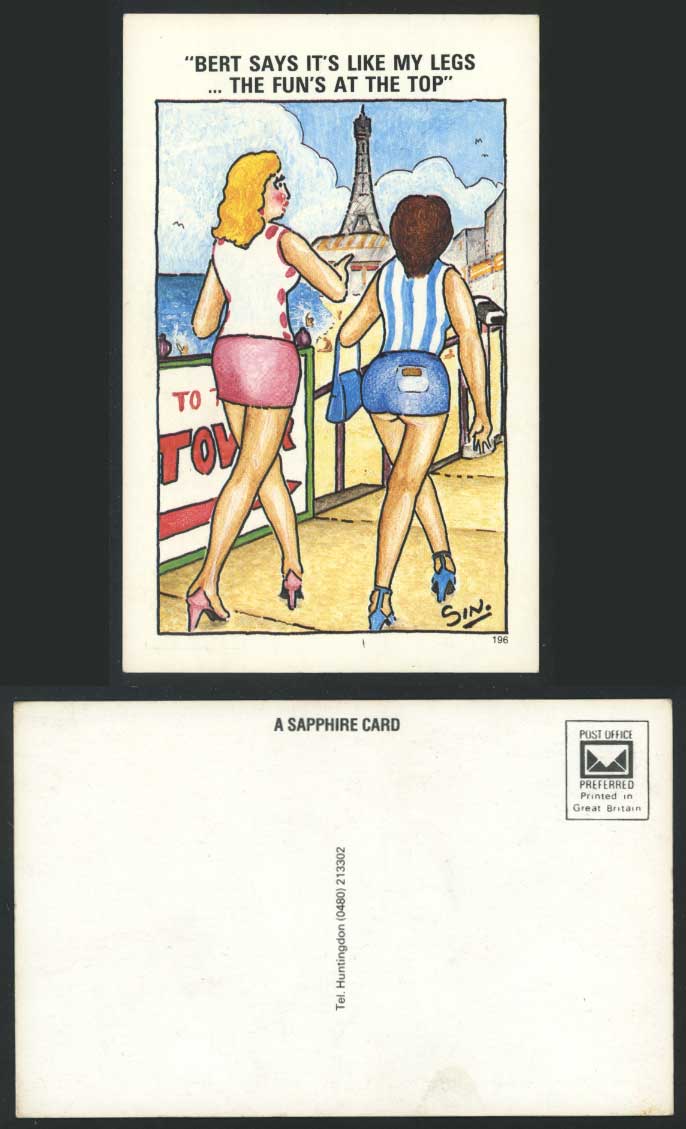 Sin. Comic Old Postcard Bert Says It's Like My Legs The Fun's at the Top Seaside