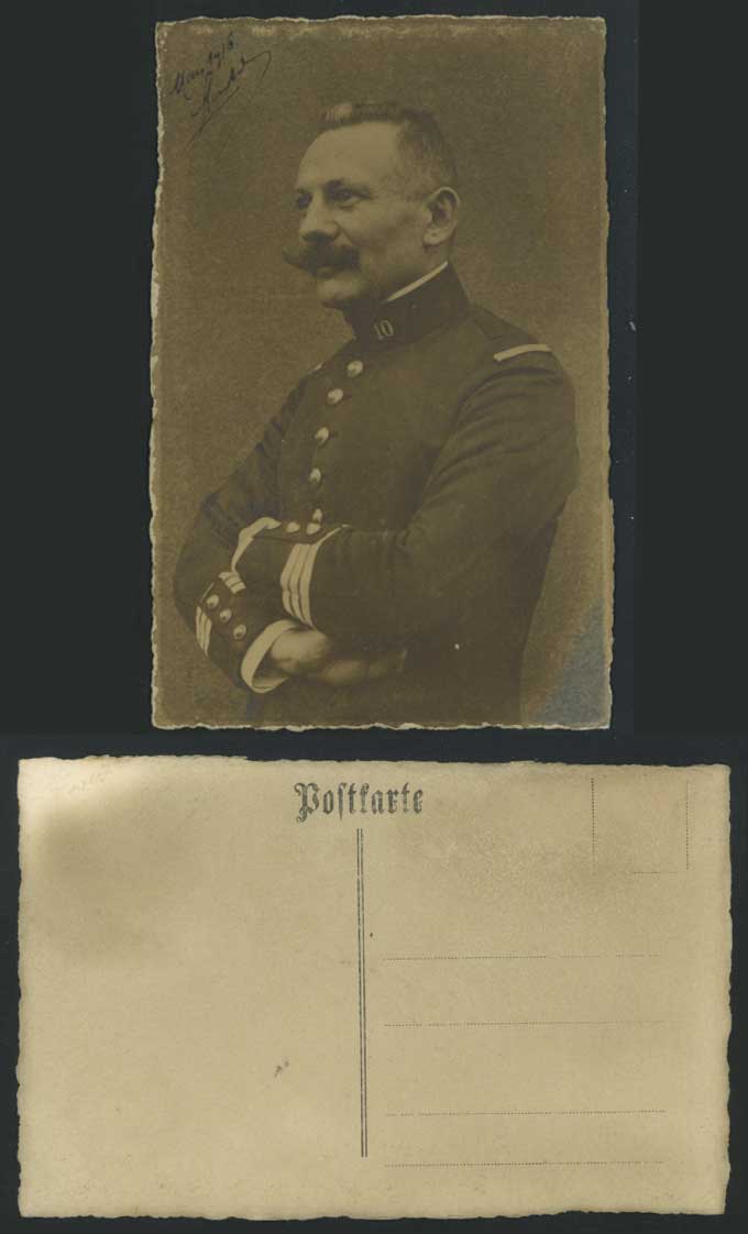 1915 WW1 Soldier with Moustache - Military Uniform No. 10 on Collar Old Postcard