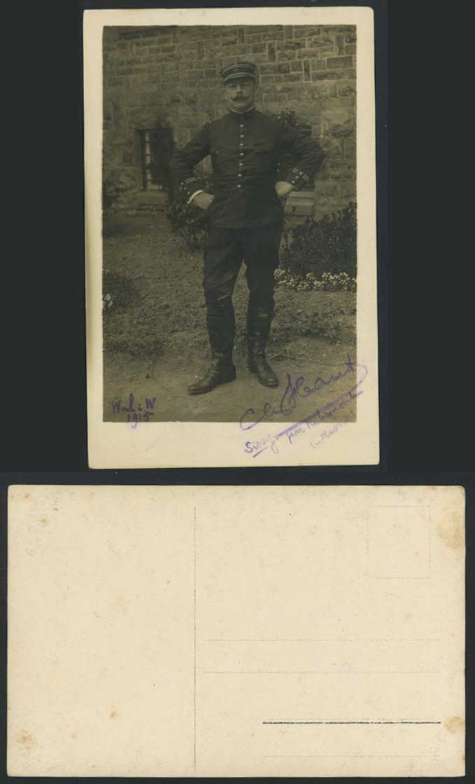 WW1 Soldier with Moustache Military Uniform Hat 87, 1915 Old Real Photo Postcard