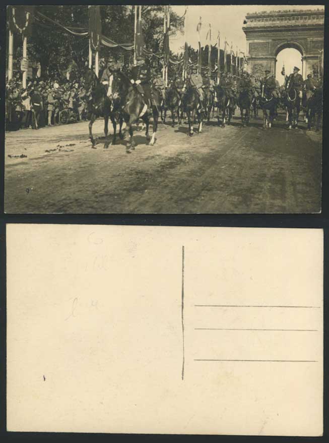 WW1 Military Parade Horses Riders Soldiers Paris Old RP Postcard ARC DE TRIOMPHE