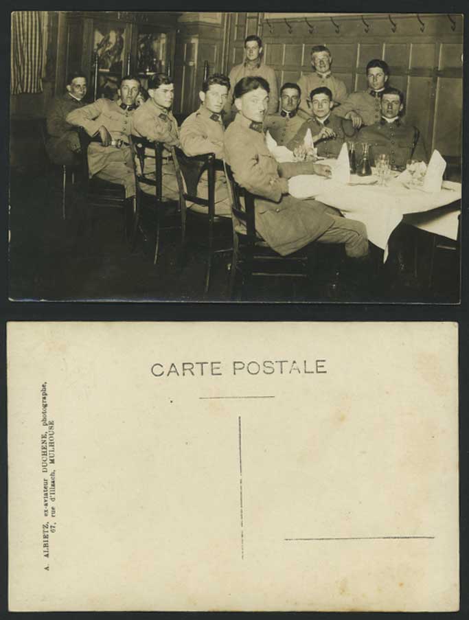 WW1 Military Group of Soldiers at Dining Table Mulhouse Old Real Photo Postcard