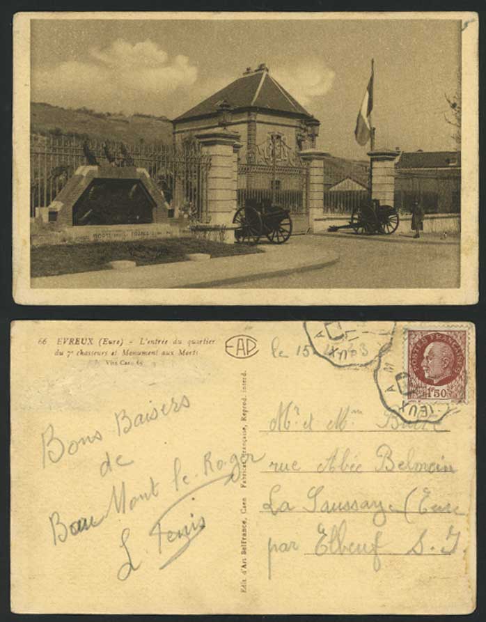 Evreux Eure 1943 Old Postcard Entree du Quartier 7e Chasseurs, Entrance Monument
