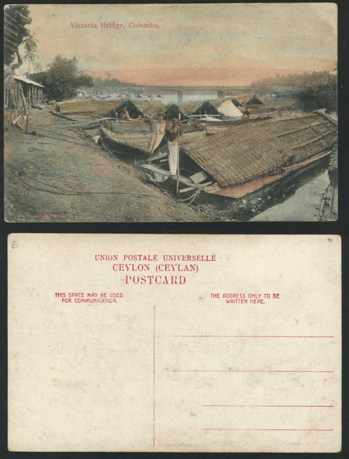 Ceylon Old Hand Tinted Postcard VICTORIA BRIDGE, Colombo, Sampans Boats, Harbour