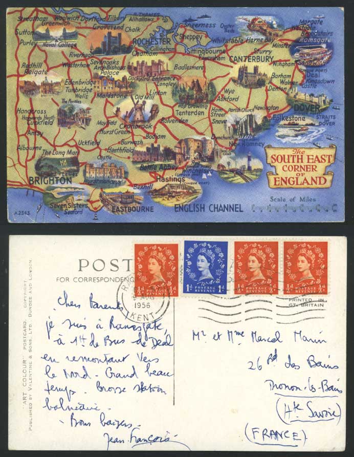 South East England MAP Brighton Dover 1956 Old Postcard