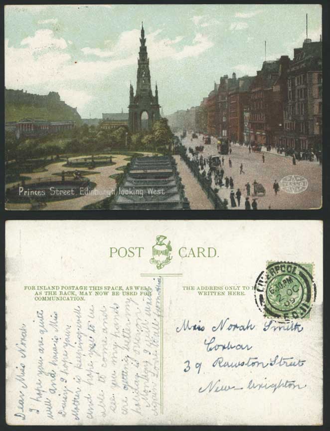 Edinburgh 1909 Old Postcard PRINCES STREET View Looking WEST Street Scene Garden