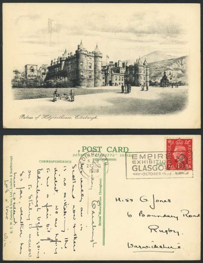 HOLYROODHOUSE PALACE, Edinburgh 1938 Old Postcard J. Chalmers Park Artist Signed