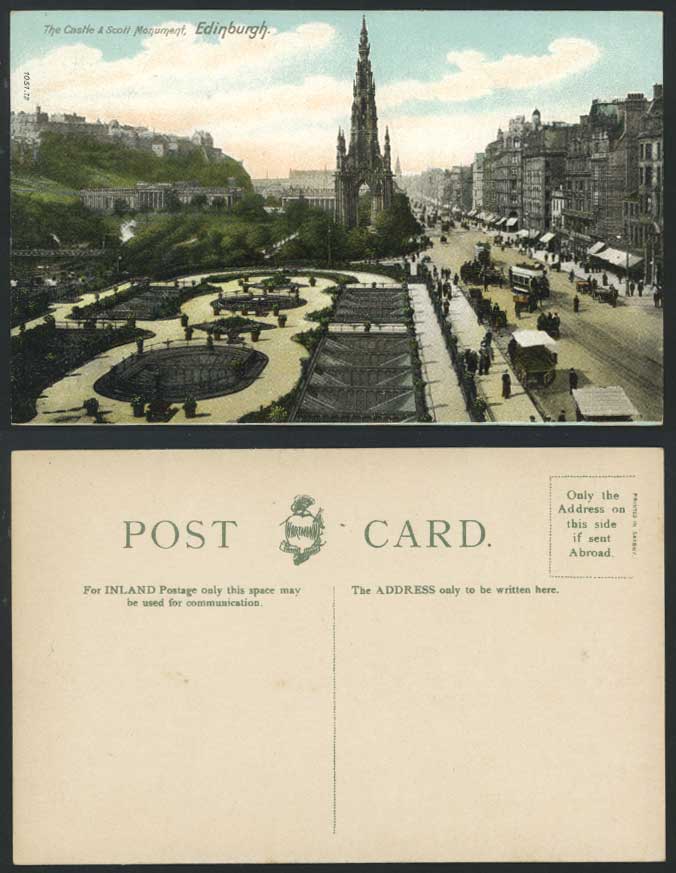 Edinburgh, Castle & Scott Monument Tram Tramway Street Scene Garden Old Postcard