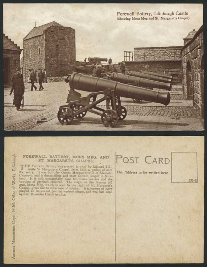 Edinburgh Castle FOREWALL BATTERY, Mons Meg & St. Margaret's Chapel Old Postcard