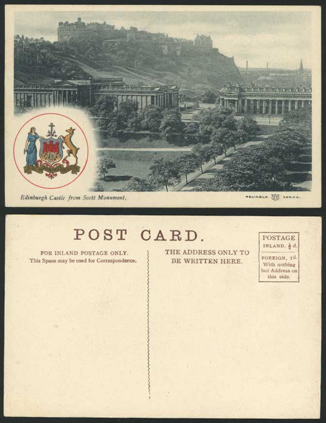 Edinburgh Castle from Scott Monument & Coat of Arms Old Postcard Reliable Series
