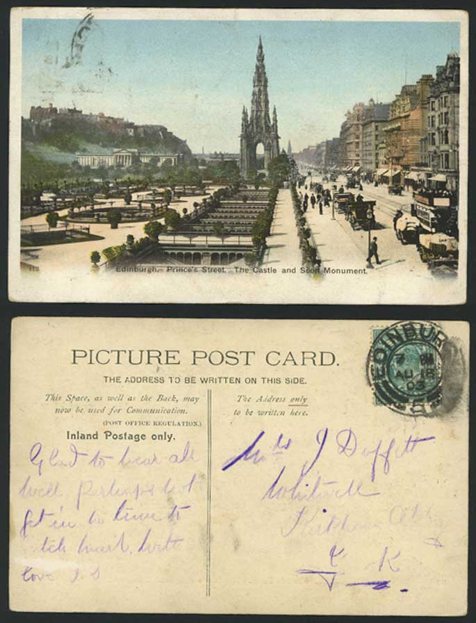 Edinburgh 1903 Old Postcard Prince's Street Scott Monument Castle Gardens & TRAM