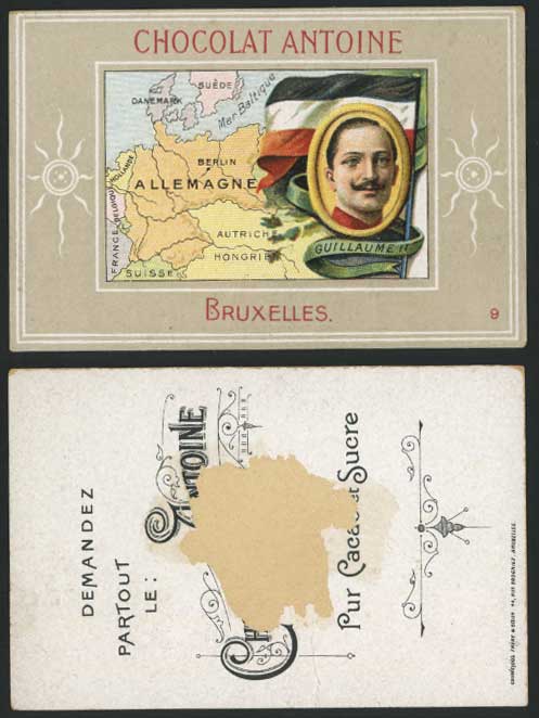 Germany Berlin MAP Guillaume II & Flag Chocolat Antoine Bruxelles Old Trade Card