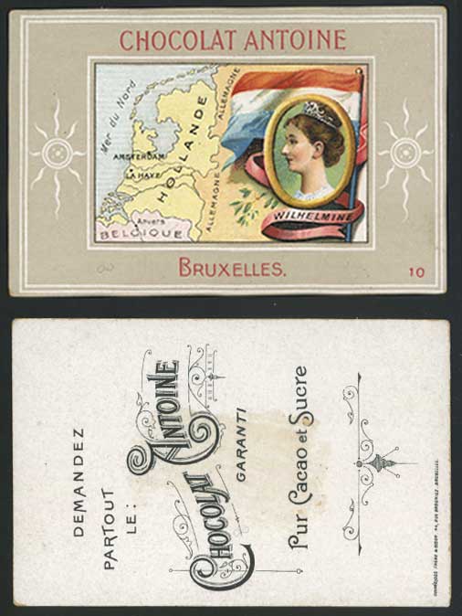 Amsterdam La Haye MAP, Wilhelmine Flag Chocolat Antoine Bruxelles Old Trade Card