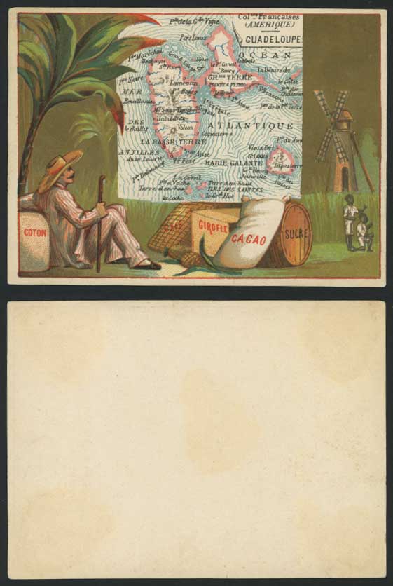 Guadeloupe MAP Basse Terre St. Louis, Coffee Cotton Sugar Cacao Old Trading Card