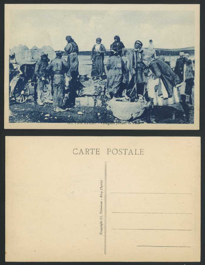 Syria Old Postcard Soldiers Villagers Native Women Men Drawing Water Donkey Cart
