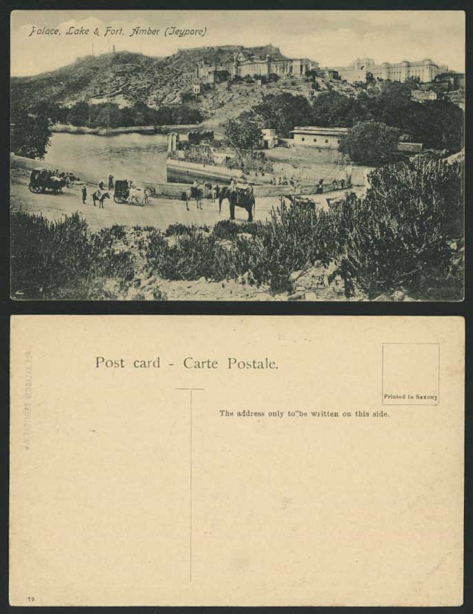 India Old Postcard Jeypore Palace Lake Fort Amber & Elephant Rider Jaipur Street