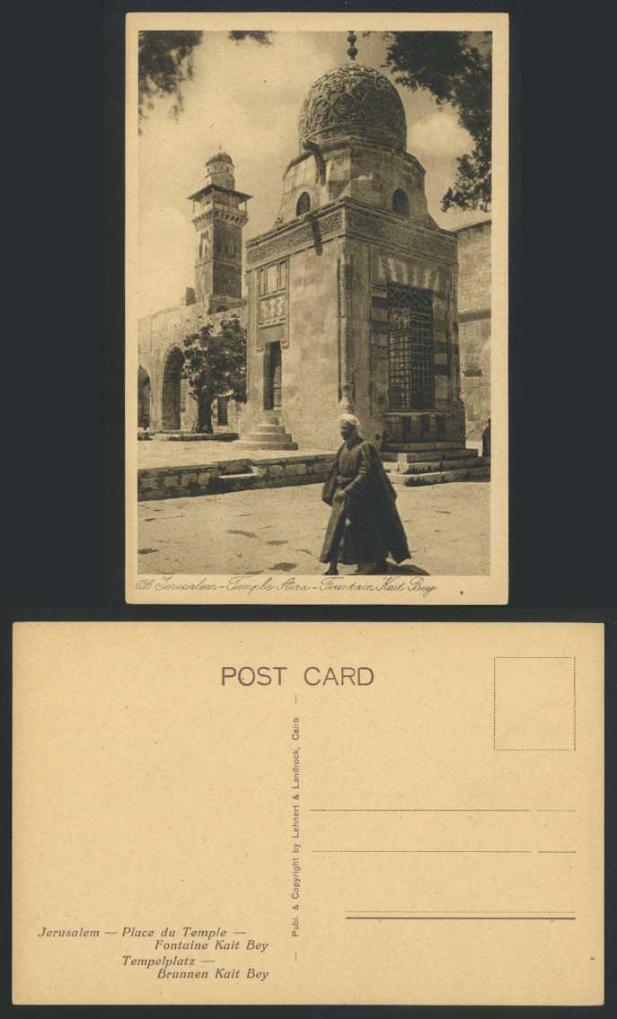 Palestine Jerusalem, Temple Aera Fountain Kait Bey Old Postcard Native Man Tower