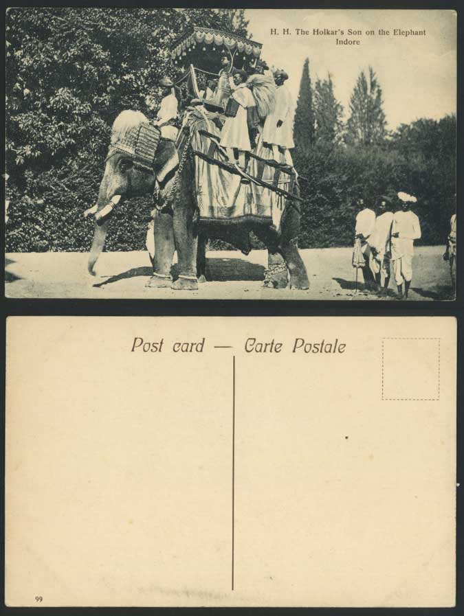 India INDORE Old Postcard H.H. HOLKAR'S SON on ELEPHANT, Royalty, British Indian