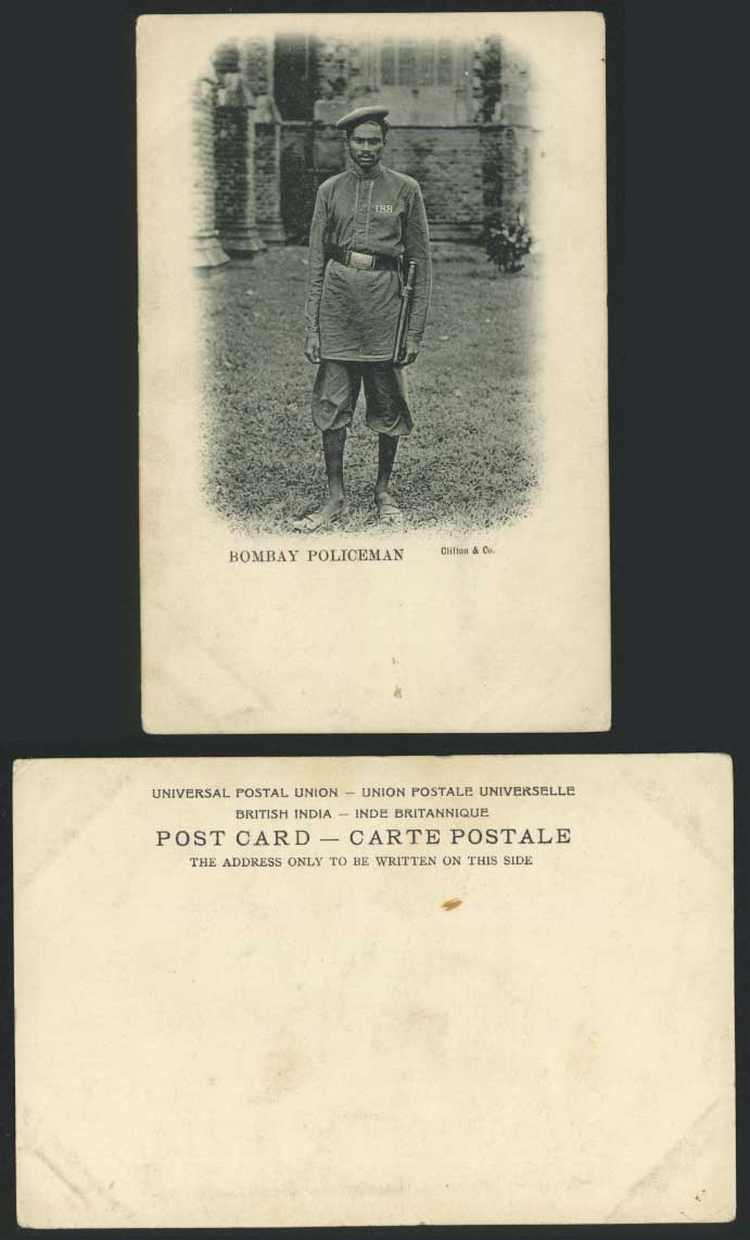 India Old U.B. Postcard BOMBAY POLICE Officer, Native Policeman & Uniform No.188